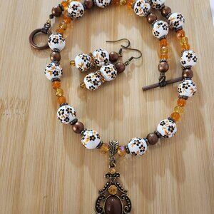 Hand Crafted Necklace Earrings Set Beaded with Pendant Floral Brown White Orang